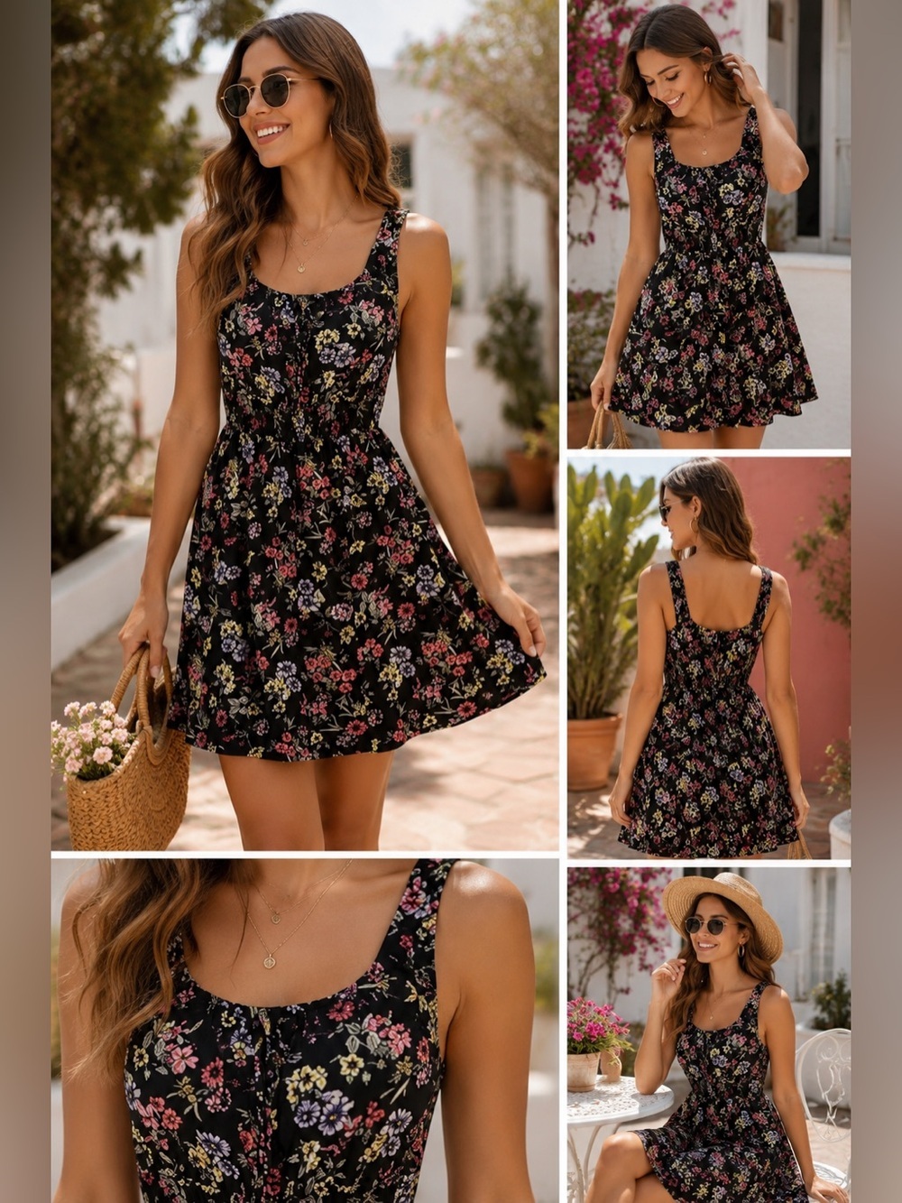 Floral Summer Sleeveless Mini Dress | Black Floral Fit & Flare Dress Size Medium